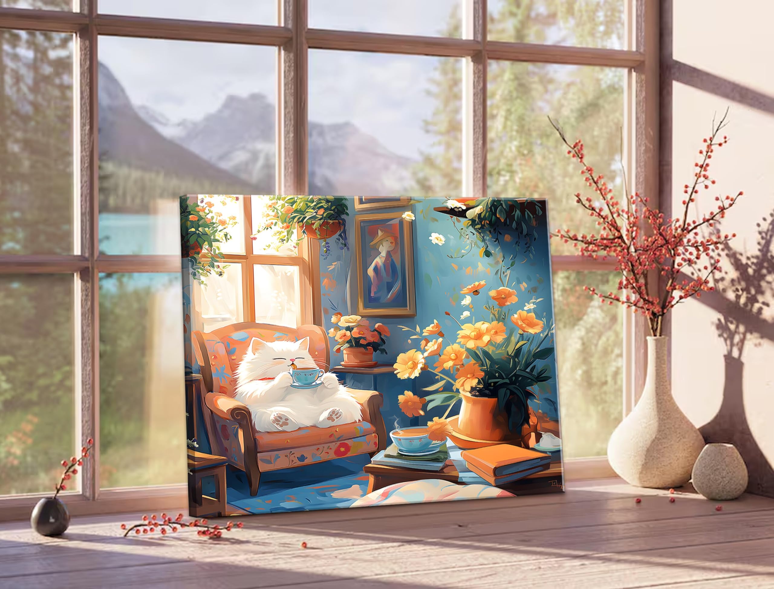 Amazon.co.jp: 面白い猫キャンバスウォールアート かわいい猫 コーヒー